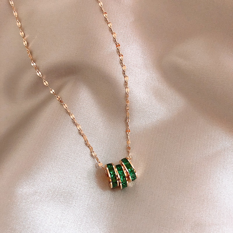 Brand Luxury 316L Stainless Steel Green Crystal Pendant Necklace Rose Gold Color Necklace Women