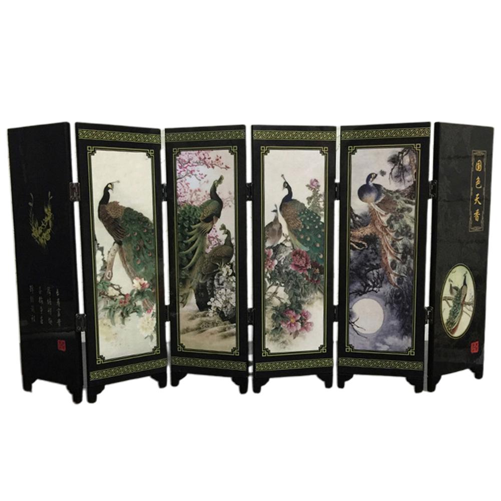 Home Chinese Style Wooden Decorative Screen 6-Panel Peacock Folding Screen Room Divider Folding Partition Screens Decoration