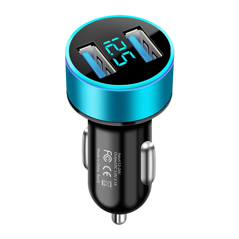 Auto Oplader Mobiele Telefoon Laders Voor Sigarettenaansteker Dual Usb Digitale Display Voltmeter Smart Phone Usb Adapter Snel Opladen: blue