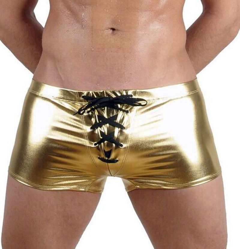 Hombres Sexy básicos brillante cuero de imitación de lujo boxeadores impermeable ropa interior de efecto mojado de latex corta bien vendaje ropa interior