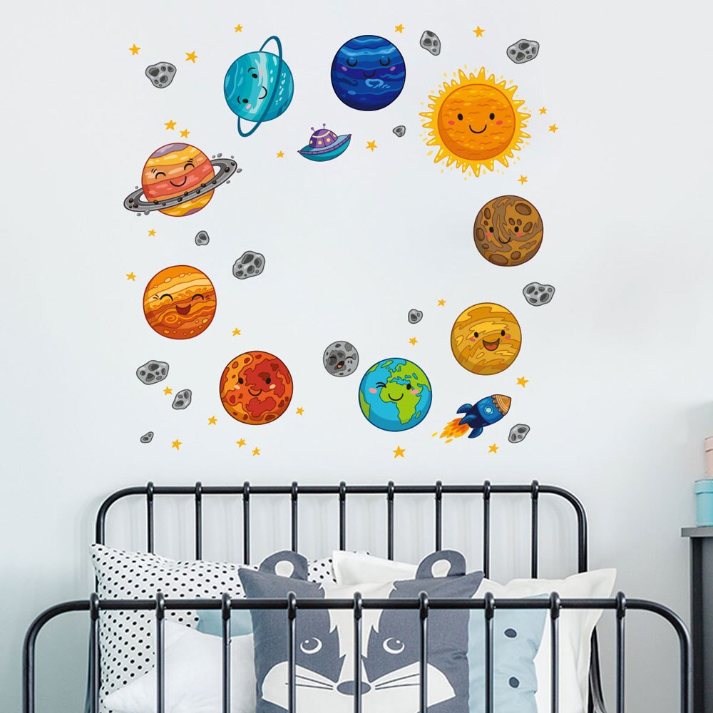 Universo de dibujos muro de planetas de habitaciones de niños, salas de estudio dormitorio papel tapiz de decoración Mural arte pegatinas para guardería