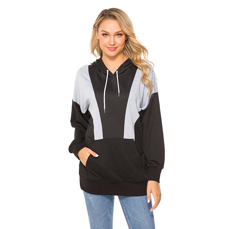Frauen Mit Kapuze Hoodie Sweatshirts Schwarz Und Weiß Kontrast Farbe Herbst Und Winter Damen Lose Beiläufige Hoodie: black gray / S
