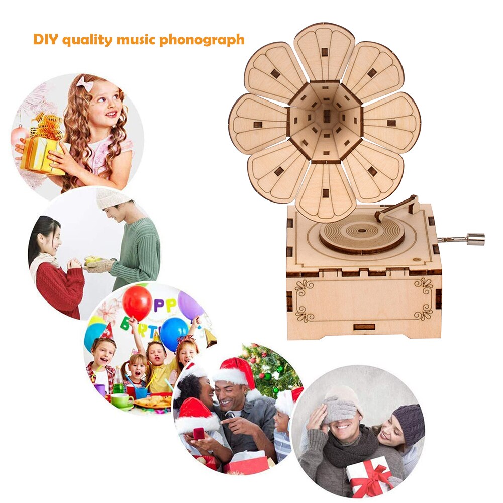 1Set DIY Hand Cranked Wood phonograph ramophone Music Box Wooden puzzle Handmade assembled children's YJN