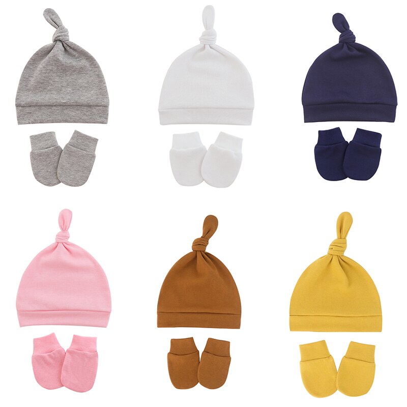 Chapeau de -né avec gants, Bonnet en coton, pour filles et garçons, accessoires pour nourrissons et tout-petits