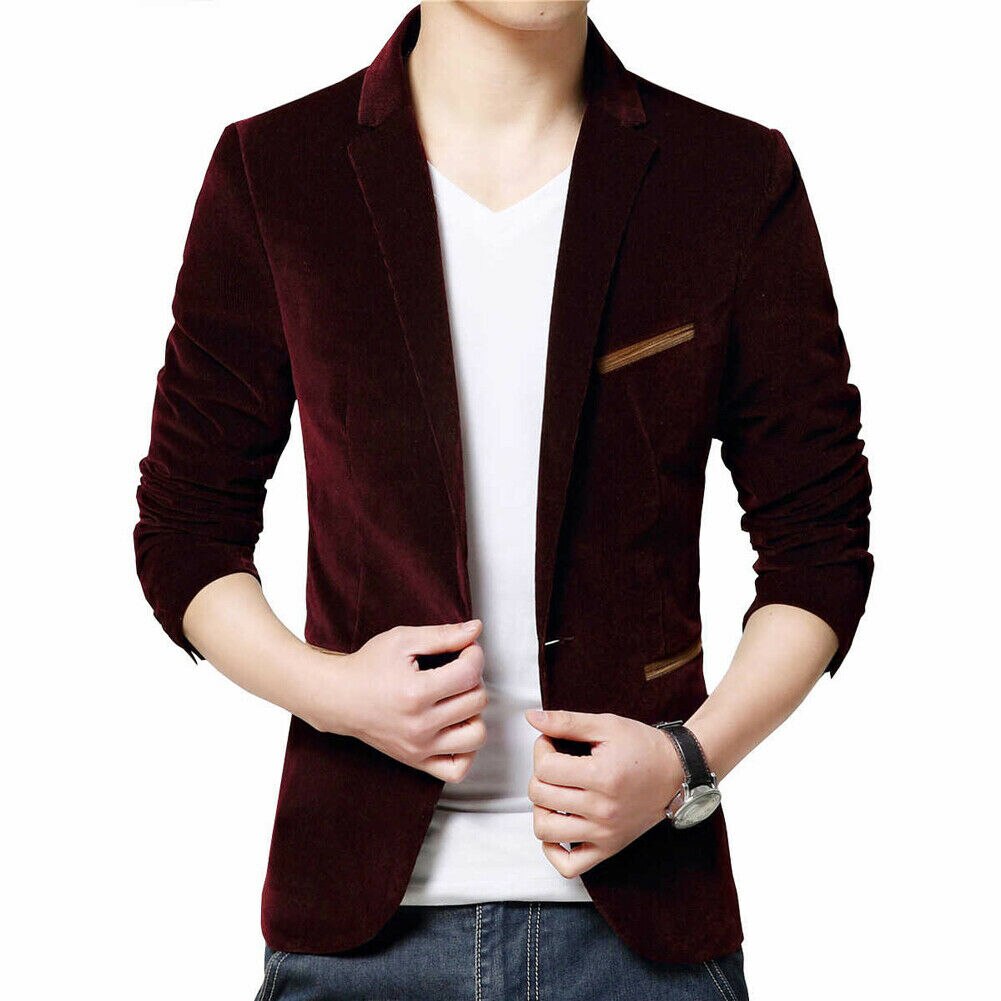 Stylish Jacket Formal One Button Suit Velvet Men's Business Blazer Fit Wedding Button Slim Coat: Burgundy / XL