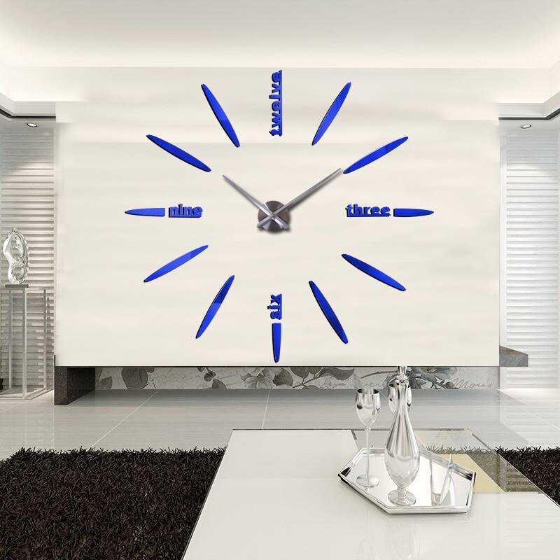 modern 3D acrylic large mirror wall clock diy decorative quartz watch clock home decoration garage sticker klok: blue 078