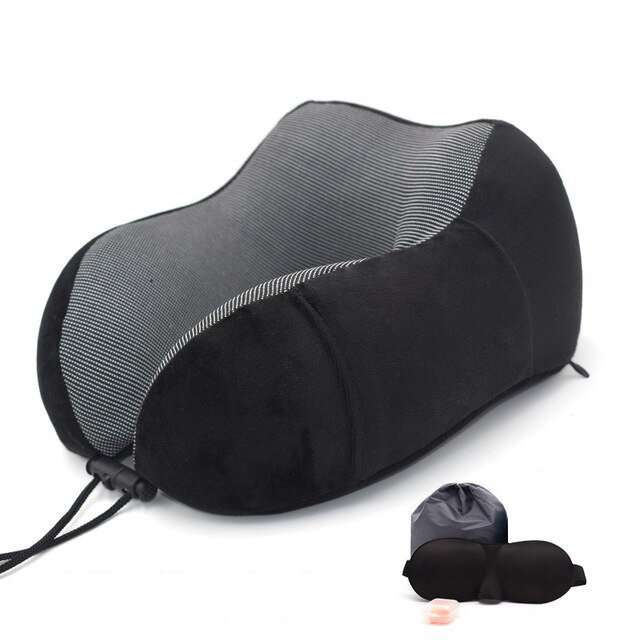 Travel Pillow Memory Foam Neck and Cervical Pillow for Airplane Car Office Napping Pillows U Shape Flight Head Chin Support Cush: Black Set