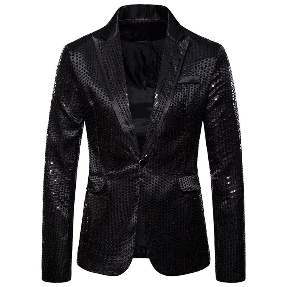 Shiny Sequin Blazer - Single Button Tuxedo Jacket - Party, Wedding, Prom, Nightclub Stage Suit: Black / L