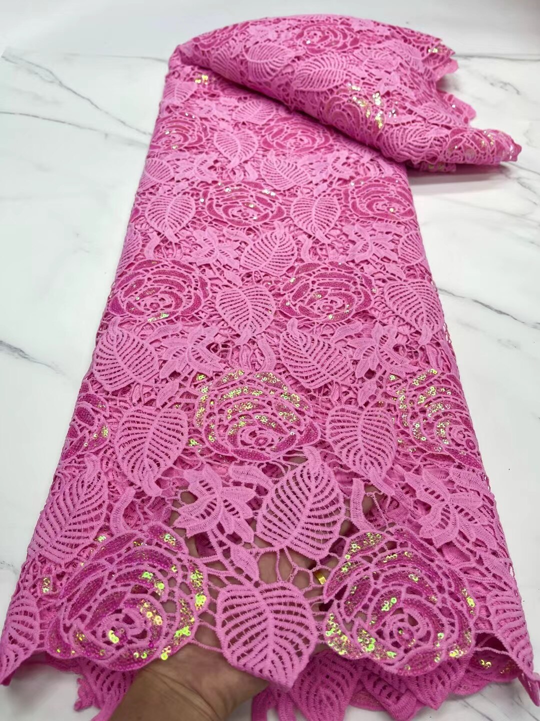 Tela de encaje de guipur blanco puro, suave, amigable con la piel, cordón bordado africano, Nigeriano para vestido de , NN821-x: Baby pink Sequins