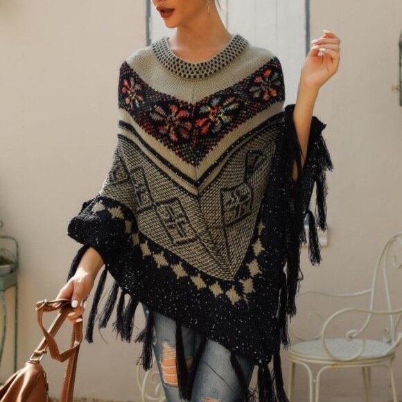 2020 outono crochê praia vestido cobrir as mulheres verão impressão tribal franja bainha poncho camisola a432