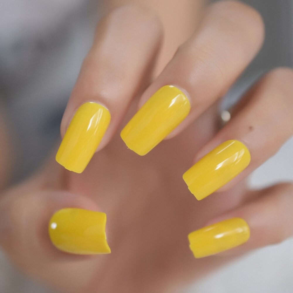 Neon Tip Druk Op Nagels Citroengeel Vierkante Zomer Nep Nagels Uv Gel Medium Lange Acryl Tips