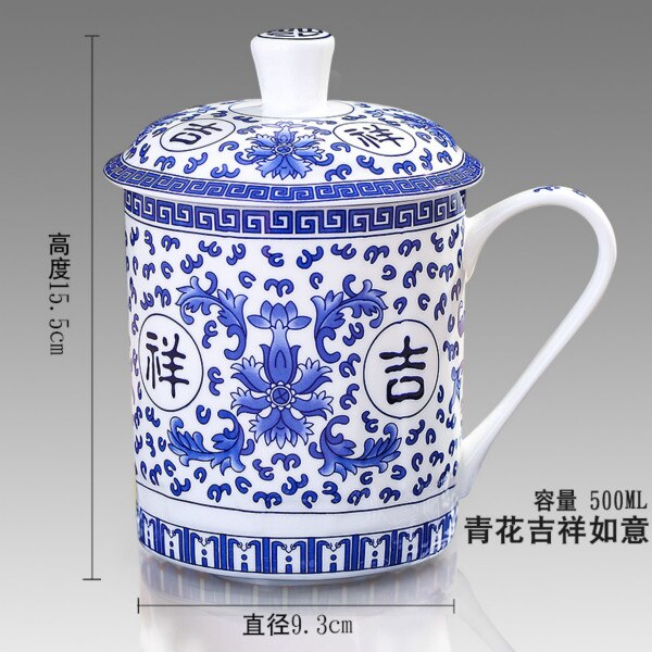 500Ml Chinese Stijl Bone China Jingdezhen Blauw En Wit Porselein Kopje Thee Kantoor Drink Cup Reizen Theewaar: 12