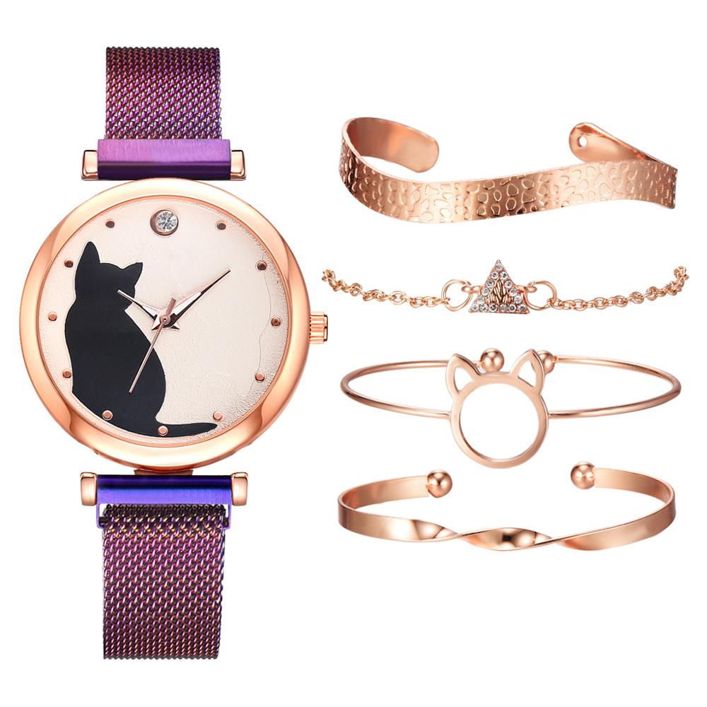 5 st/set dam klockor roséguld armband set kattmönster svart magnet klocka dam armband armbandsur lyx kvarts klocka: 5 st lila set
