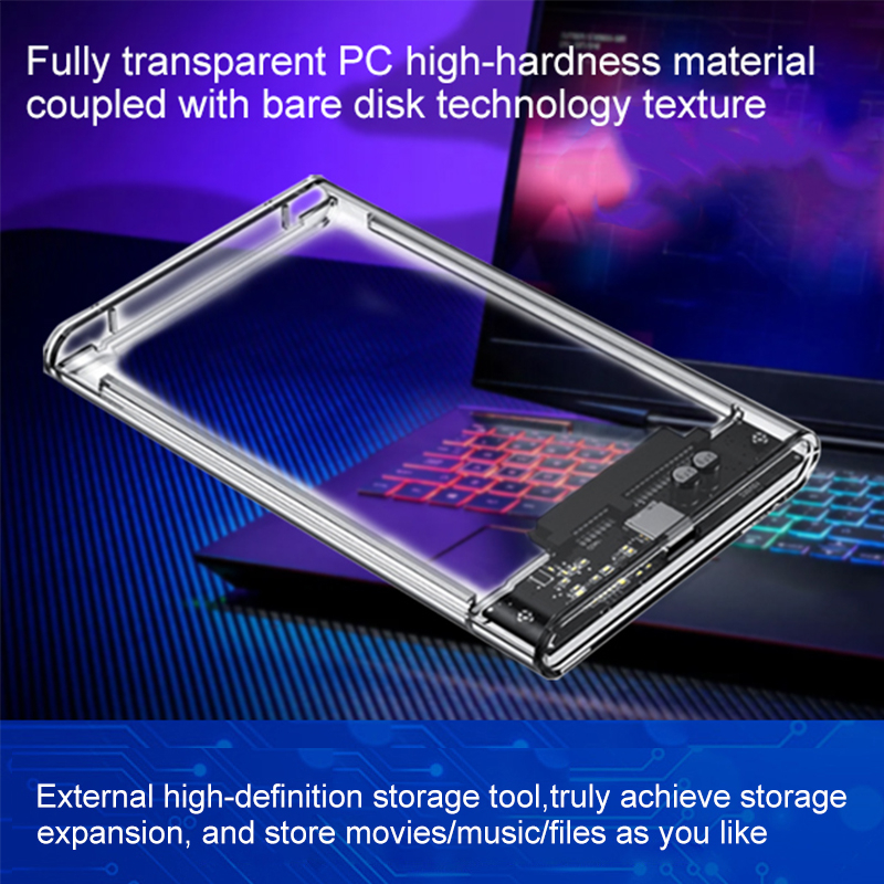 USB3.0 MicroB Transparent 2.5inch External Storage Case SATA 5Gbps HDD SSD Hard Drive Enclosure Support UASP for PC Laptop