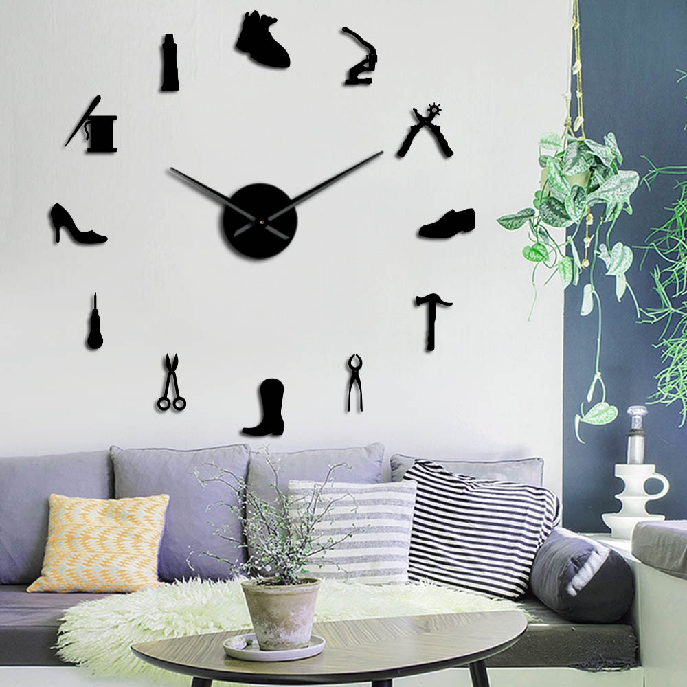 Shoe Repair Wall Art DIY Giant Wall Clock Cobbler Frameless Large Silent Watch Shoe Store Shoe Archer Shoemaker Room Decor