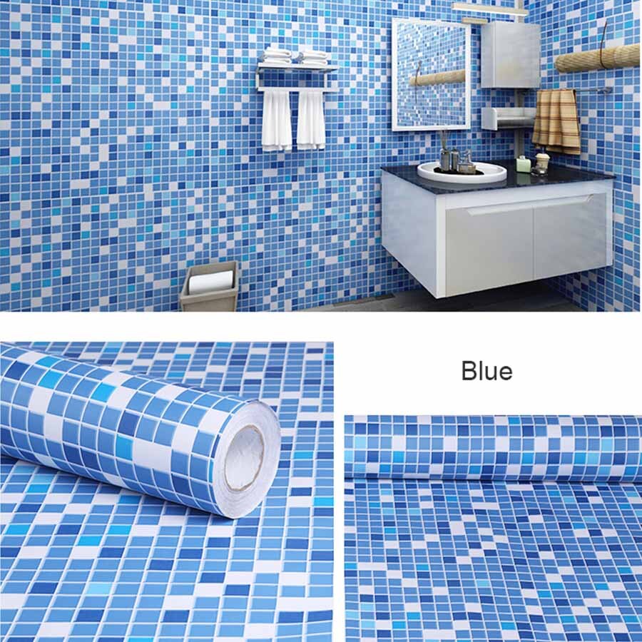 Self-adhesive Kitchen Oilproof Film High Temperature Resistance Wall Sticker Waterproof Wallpaper Mosaic Vinyl Tile Wallstickers: Blue mosaic / 3M x 40CM