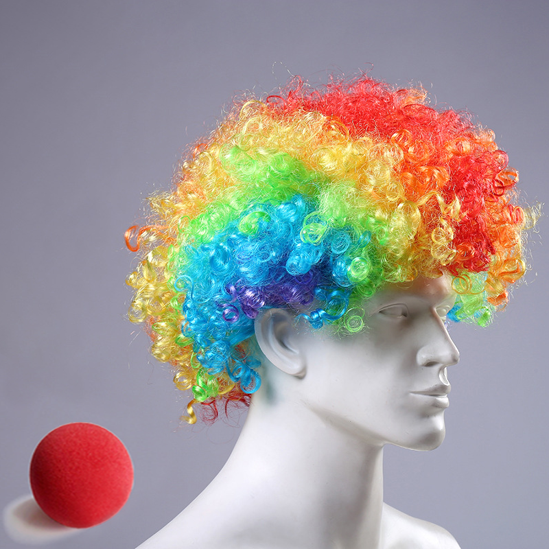 Kleurrijke Clown Pruik Afro Krullend Synthetische Pruik Cosplay voor Mannen Vrouwen Mardi Gras Party Pruik Rood Groen Geel Blauw Pruik Clown Neus