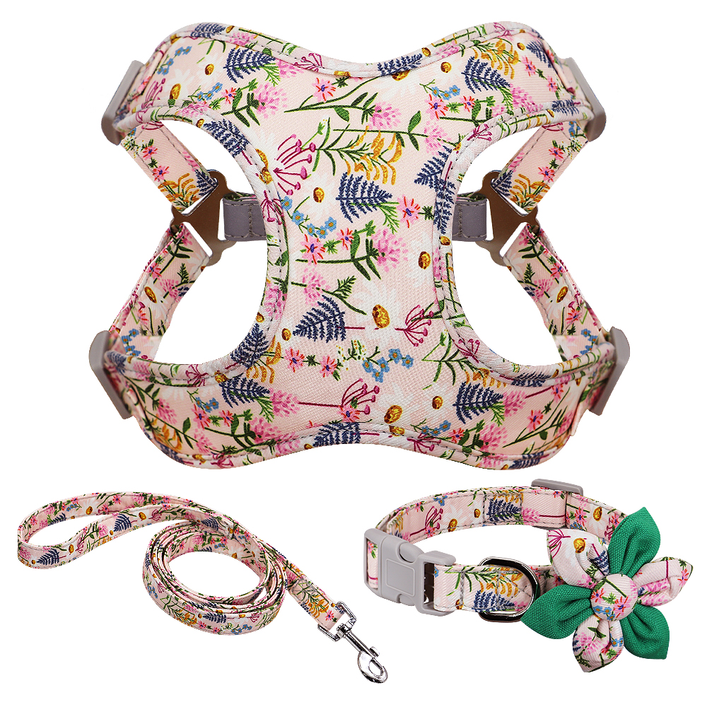 French Bulldog Harness Leash And Collar Set Printed No Pull Dog Harness Vest Leash Collar Set For Small Medium Large Dogs: Pink / L