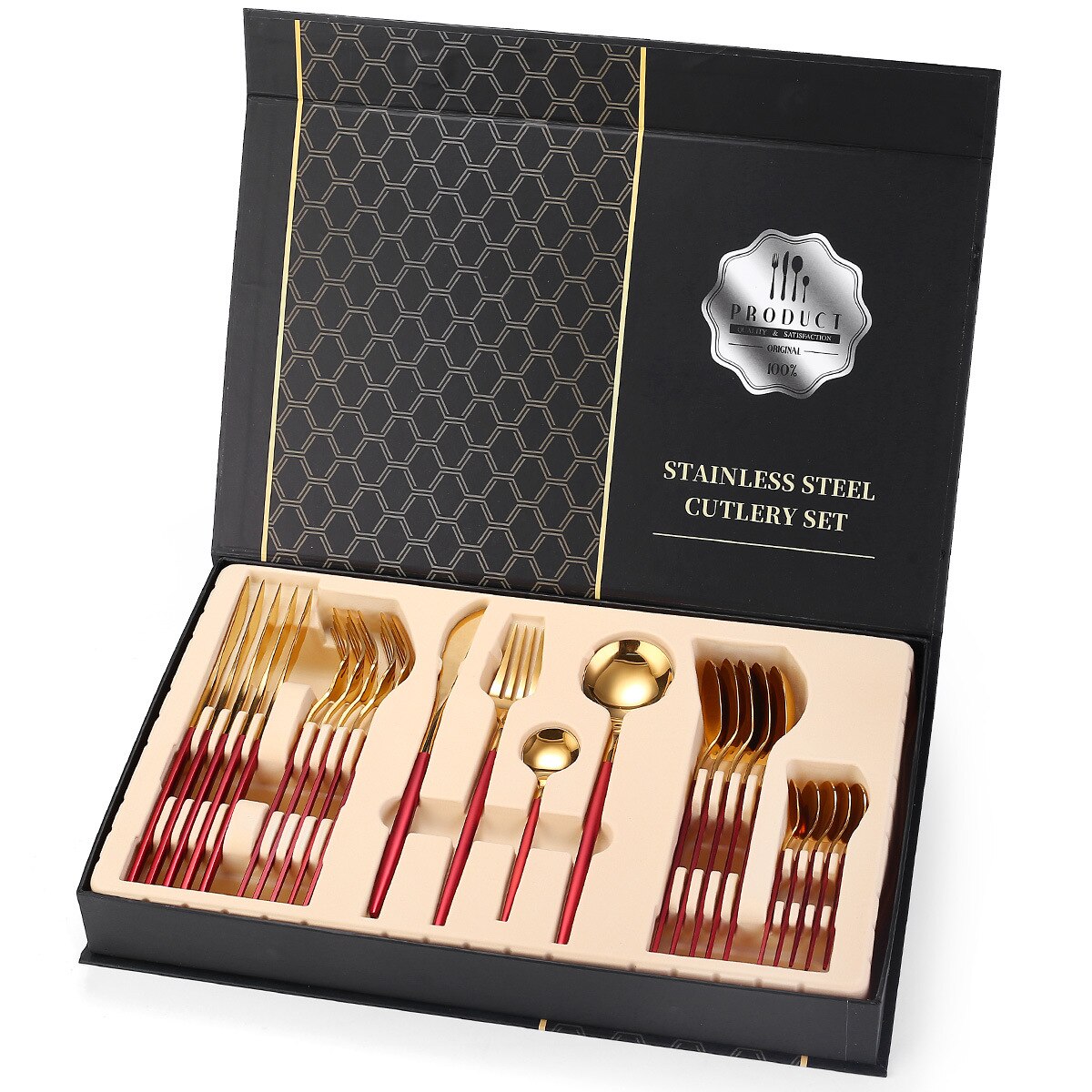 24pcs Gold Dinnerware Set Stainless Steel Mirror Cutlery Set Knife Fork Coffee Spoon Home Tableware Set Upscale Box: red gold