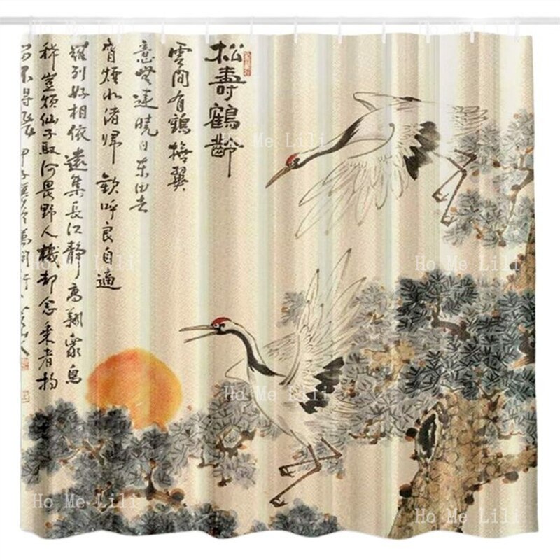 Tenda da doccia asiatica pino cinese tradizionale e gru Flying Landscape Decor stampe d&#39;arte bagno con ganci