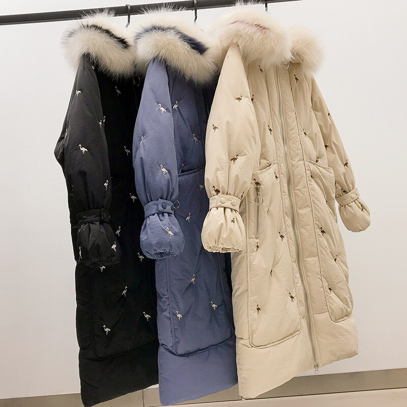 Mooirue Winter Harajuku parka capuchon met Bont kraag borduurwerk lange warm streetwear jassen Katoen gevoerde s-xxl jassen