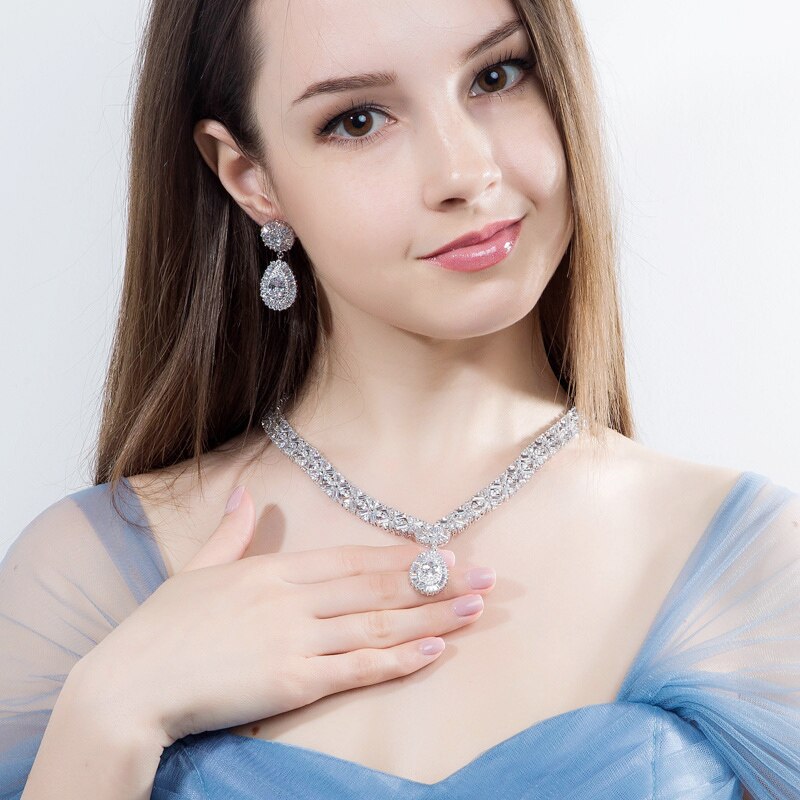 Threegraces Prachtige Zilveren Kleur Cz Grote Royal Blue Water Ketting Oorbellen Afrikaanse Sieraden Sets Voor Bruiden JS029