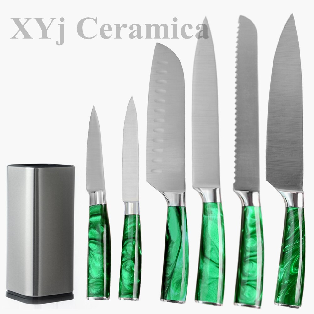 XYj-Juego de cuchillos de cocina de acero inoxidable, juego de cuchillos con Mango Verde de 8 pulgadas, Santoku, cortador de pan de Chef, rebanador chino 3CR13: B 6 with holder