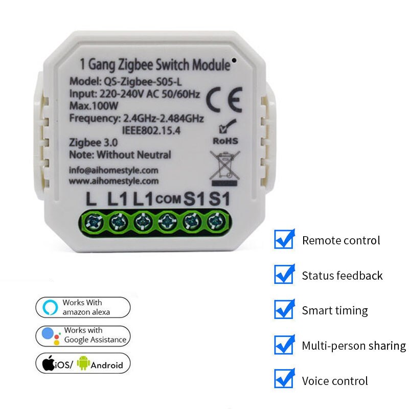 Tuya ZigBee 3.0 Smart Switch Module With/ No Neutral 2 Way Wireless Control Switch Relay Support Zigbee2MQTT Work with Alexa