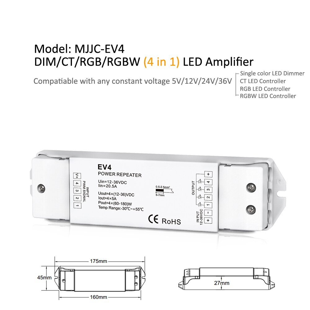 AMPLIFICADOR DE POTENCIA RGBW RGB, repetidor de 5V, 12V, 24V, 36V, EV3, EV1, EV4, PWM, 5A, 6A, 8A, DC, de un solo Color, CT, para lámparas de tiras LED