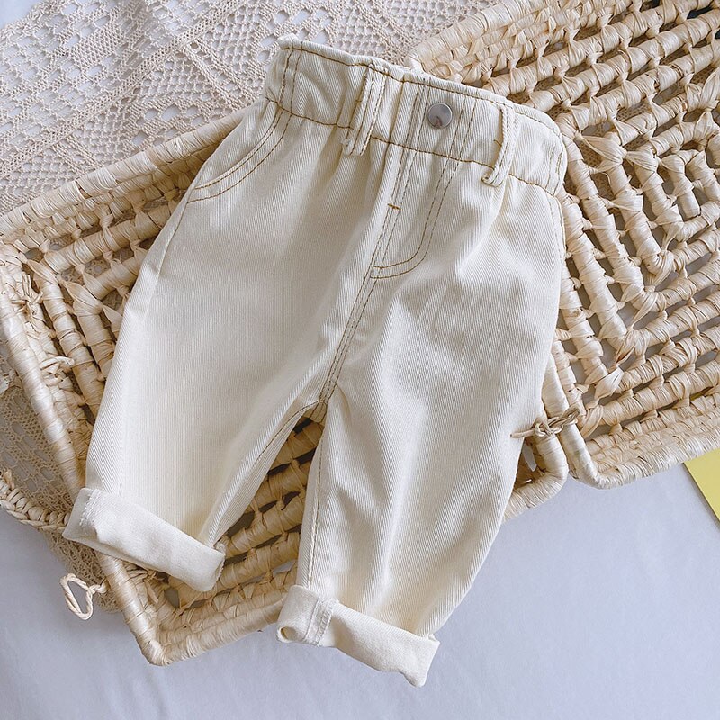 2022 neue Frühling freundlicher Hosen Knospe Taille Mädchen Hosen Jungen Denim Hosen Mädchen Jeans: Beige / 73