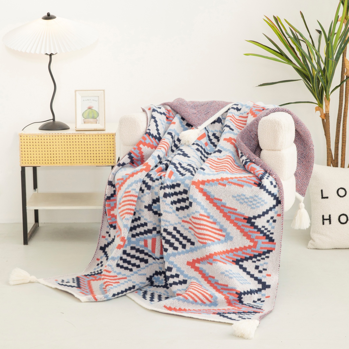 Kleurrijke geometrische gebreide deken met kwastjes voor verschillende toepassingen, stijlvolle gebreide deken: perfect voor stoel, bed en reizen