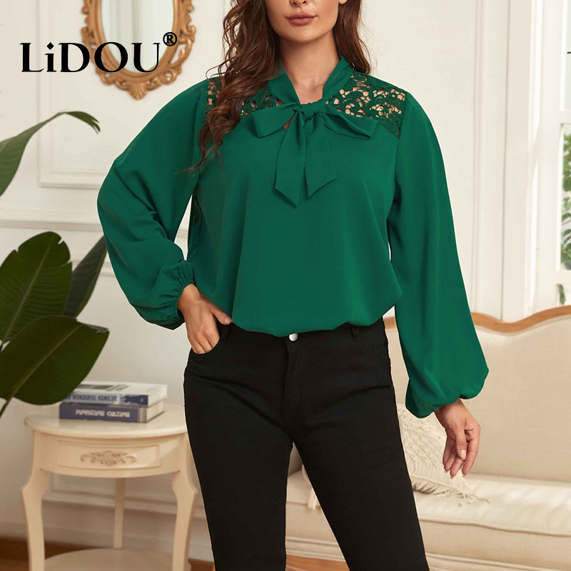 Camisa de manga larga de encaje para mujer, blusa femenina de Color sólido, talla grande, de otoño e invierno, 2022: XL