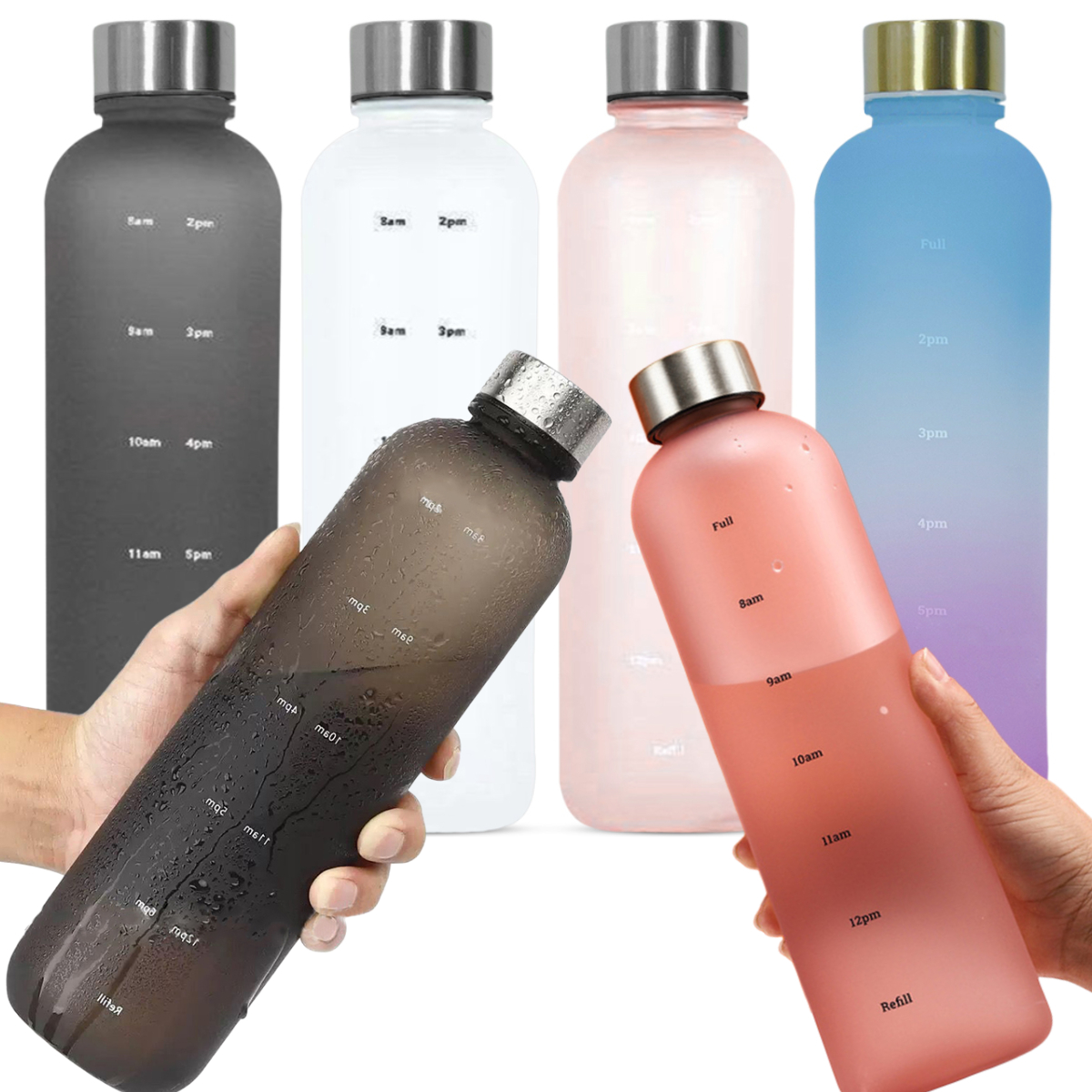 1000ML Kunststoff Raum Tasse Große-Kapazität transparent Gefrostet Wasser Tasse Kupfer Deckel Sport Wasser Flasche Mit Zeit Marker für Schüler