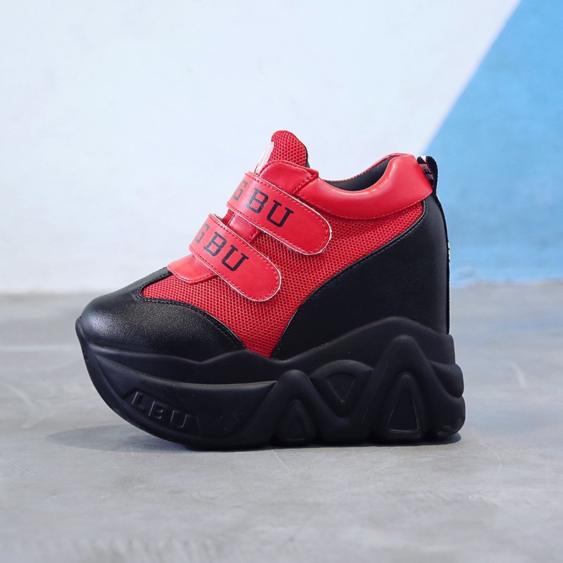Sommer mesh åndbare sko kvinde høj platform hæle fritidssko kvinder 12cm hæle kiler sneakers chaussures femme: Rød / 36