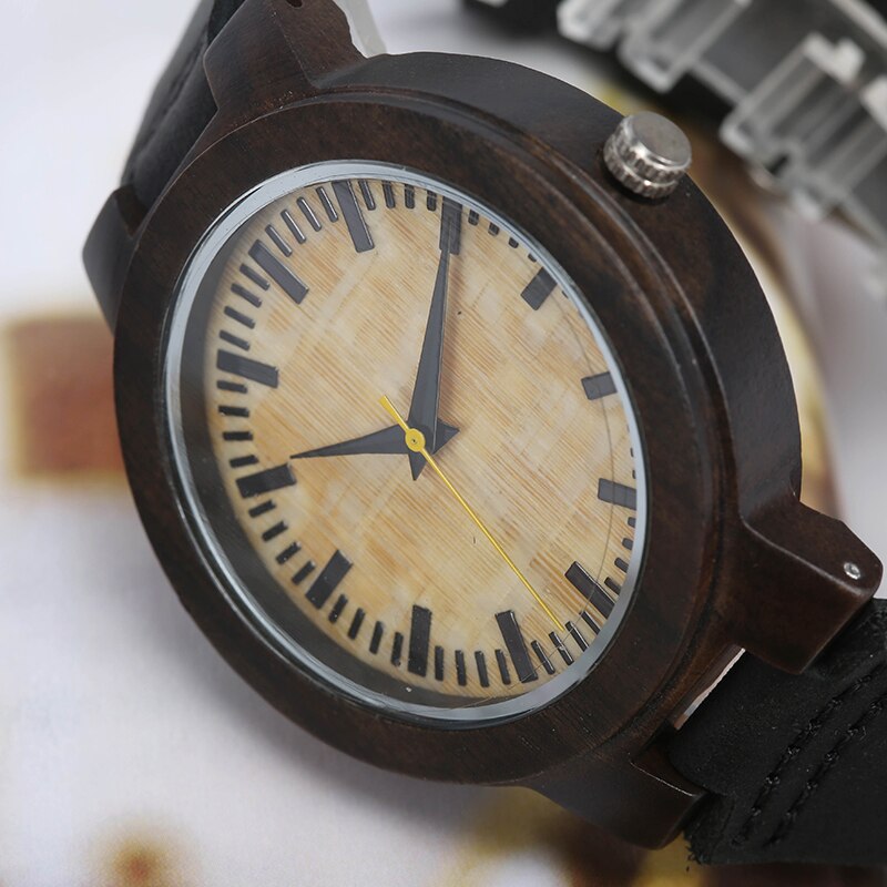 Houten horloge uniek geelgroene wijzerplaat polshorloge kwarts leren houten horloge heren dames romeinse cijfers casual klok