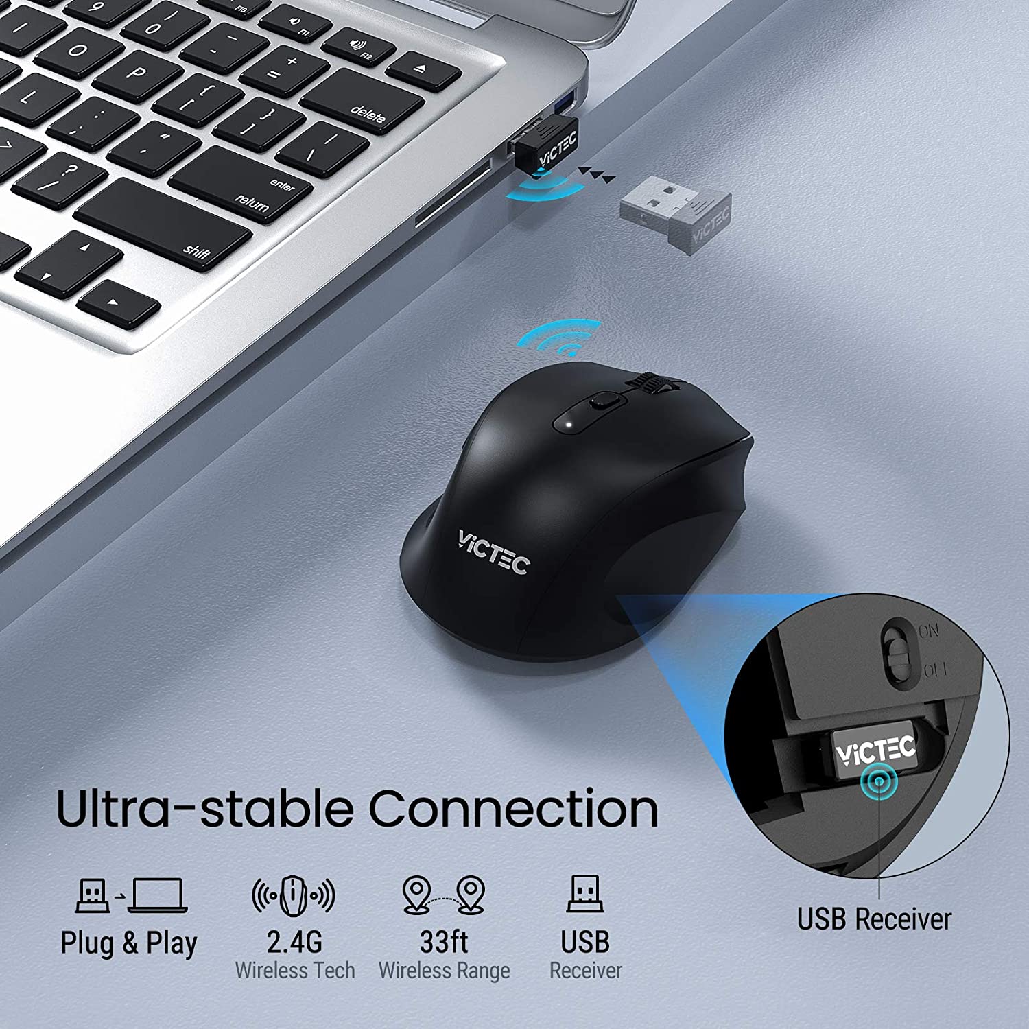 VicTsing Drahtlose Maus, Ergonomische Stille Maus mit 5 Einstellbare DPI &amp; USB Empfänger für Laptop, Chromebook, PC, Tablet, Desktop