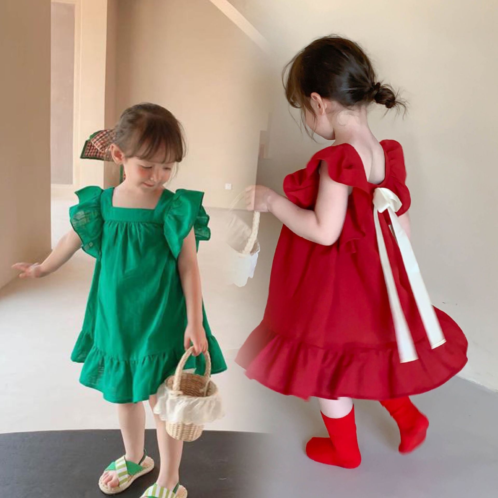 Summer Girls Dress Baby Kids Clothes Sweet Princess Dress Small Fresh Petal Sleeve Bow Vestidos 3-7Years Children&#39;S Clothing