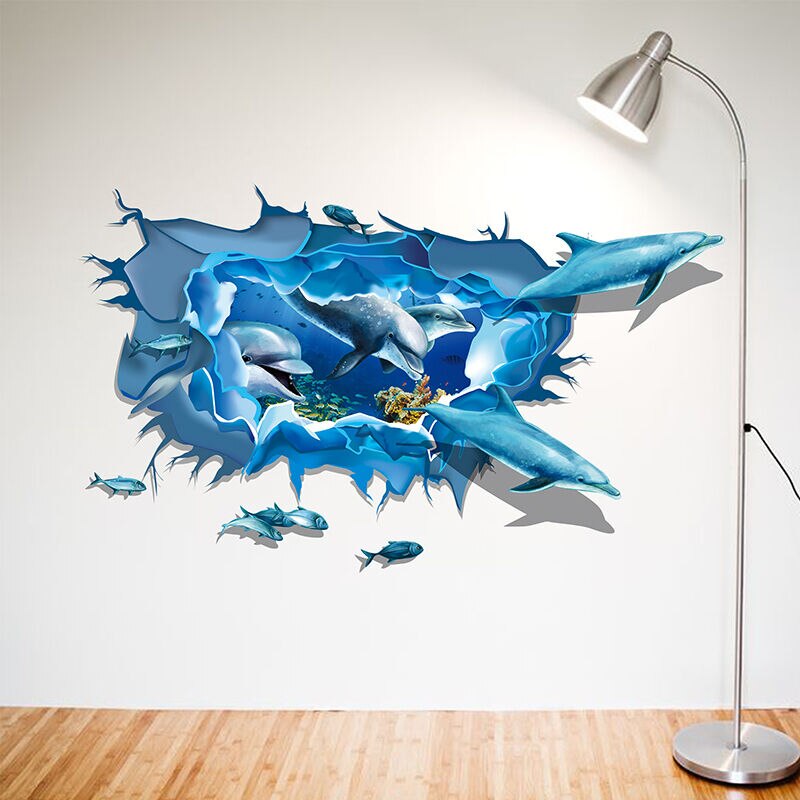 Sous la mer Stickers muraux-amovible vinyle autocollants Mural Art- 3D dauphin poisson bleu mer 3D autocollants décor à la maison