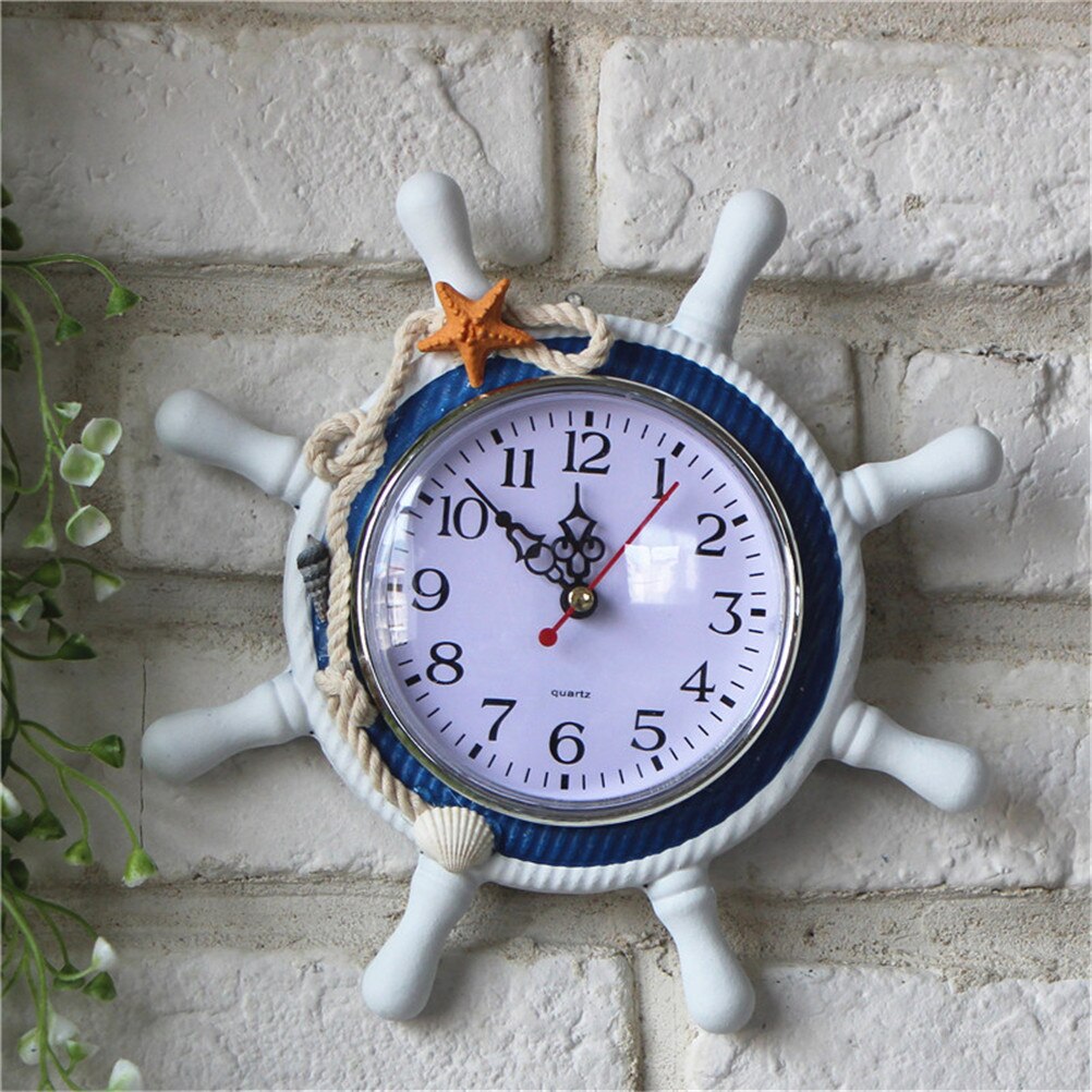 Home Wall Clock Decoration Round Retro Wood Mediterranean-Style Rudder Anchor Saat Needle Wall Hanging Clock: White