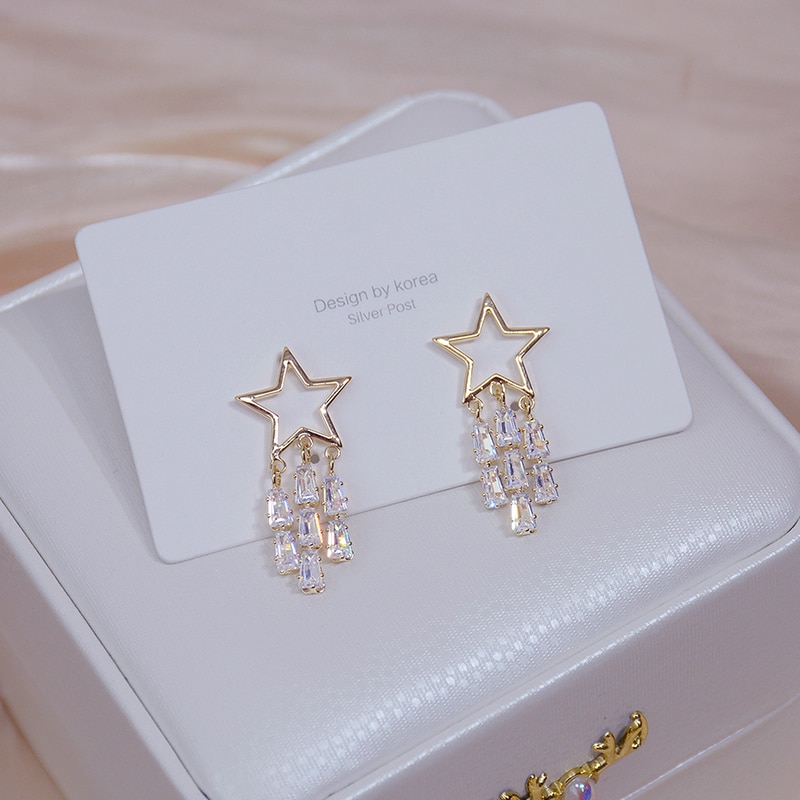 14k Real Gold Shine Tassel Crystal Star Women Earring Popular Zircon Earring Bohemia Wedding Jewelry Pendant