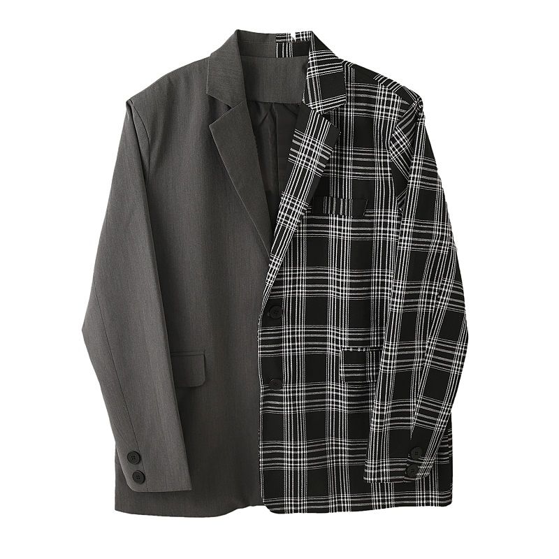 Iefb / herretøj kontrastfarve grå plaid print blazere personlighed all-match løs jakke frakke stor størrelse efterår   y4103: L