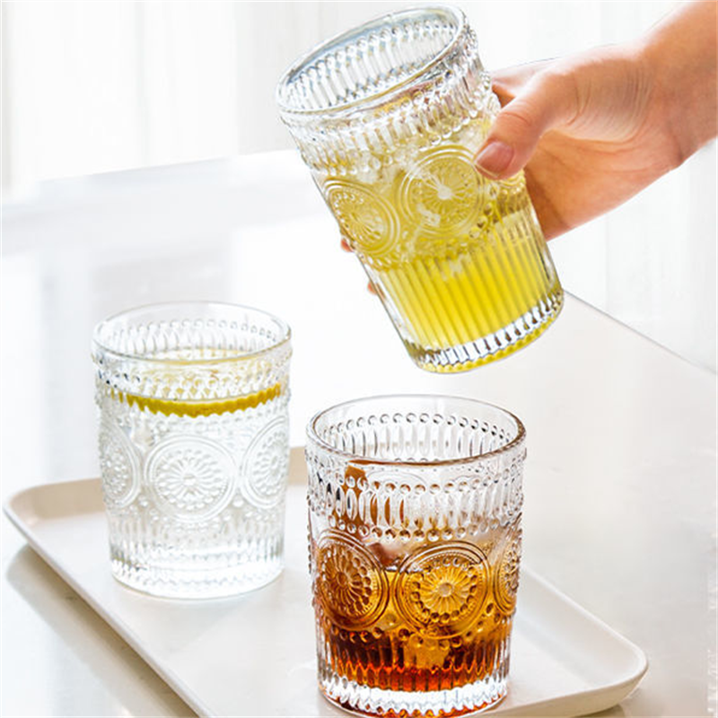 400ml Transparent Glass Water Cup Household Simple Fresh Style Wine Glass Retro Carved Drinking Juice Milk Coffee Beer Glass Cup