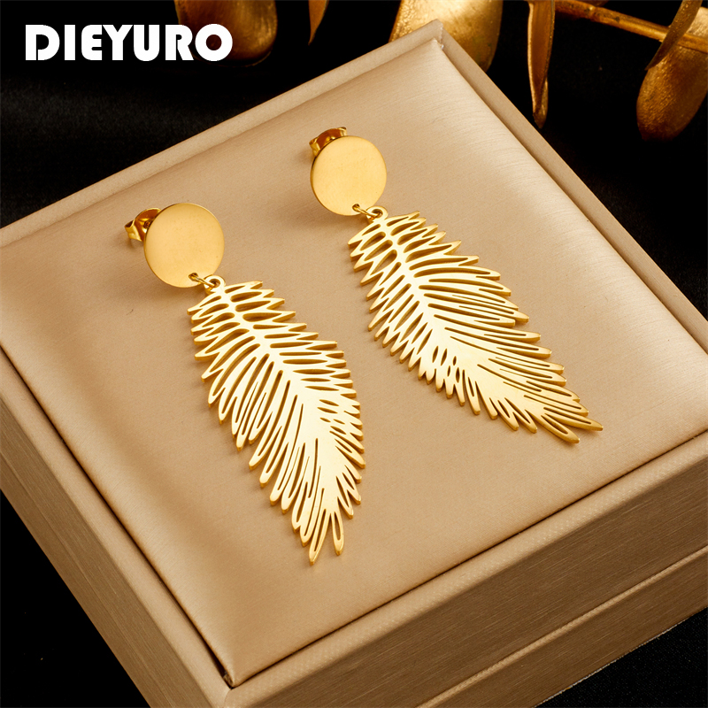 DIEYURO 316L Aço Inoxidável Cor Dourada Pena Brincos Para Mulheres Menina Moda Não-Desvanecimento Orelha Jóias Presente Festa Сubьги