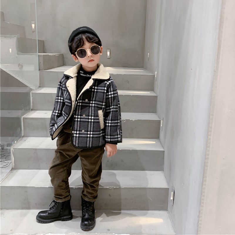 Winter boys plus velvet thicken plaid jackets Korean fleece lapel collar double breasted warm coat for toddler kids