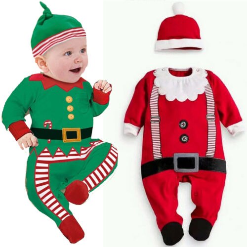 Jul romper baby santa claus overalls hat lange ærmer nyfødte spædbarn piger drenge 0-24 måneders tøj fest