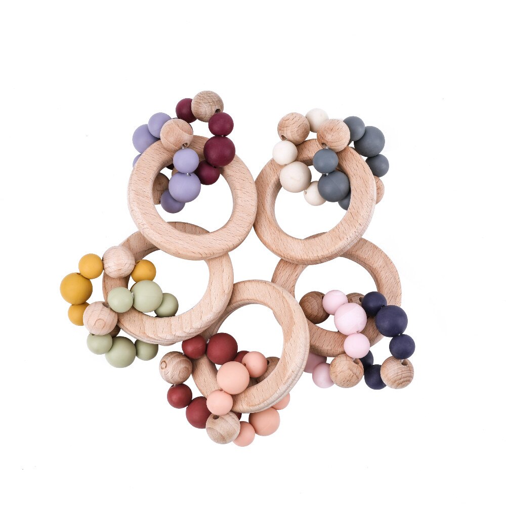 1pc Baby BeißRing Spielzeug BPA Frei Holz Armbinde Buche Ring Silikon Perlen Runde Kante BeißRing Für Neugeborene Baby spielzeug