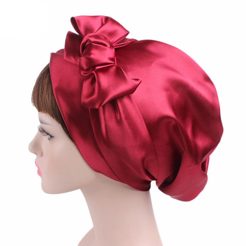 Satin dame hijab kemo hat turban hoved tørklæder hårtab hovedbeklædning bandana bånd sløjfe tørklæde cancer kasketter beanie cover: Rødvin