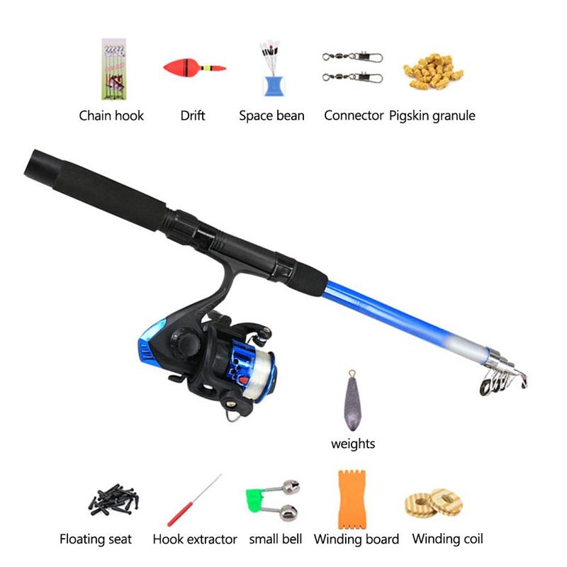Portable Telescopic Fishing Travel Combo Fishing Rod And Spinning Blue Reel Baits Hooks Line Full Set Travel Drift Bell Hook Kit