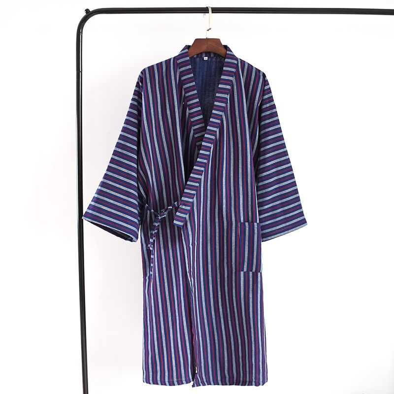 Blødt gaze bomuld herreklæde klassisk japansk stil kimono morgenkåber hjem morgenkåbe nattøj mandlige stribede badekåber: Rød / L