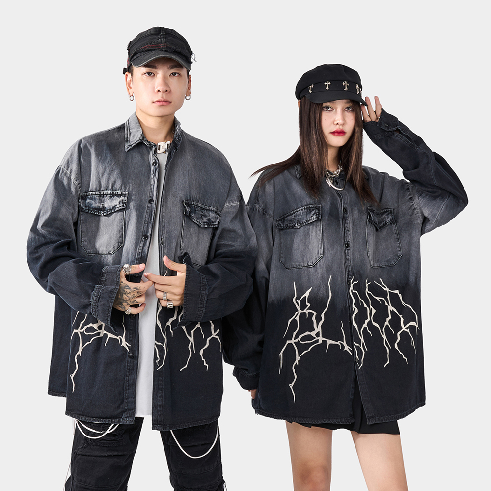 Jean Jacket Streetwear Men Clothing Lightning Graphic Denim Jacket Vintage Clothes Long Sleeve Goth Men Shirts Harajuku Shirt